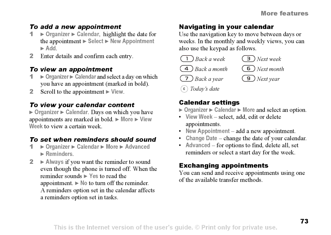 Sony Ericsson Z525a manual To view an appointment, To view your calendar content, To set when reminders should sound 