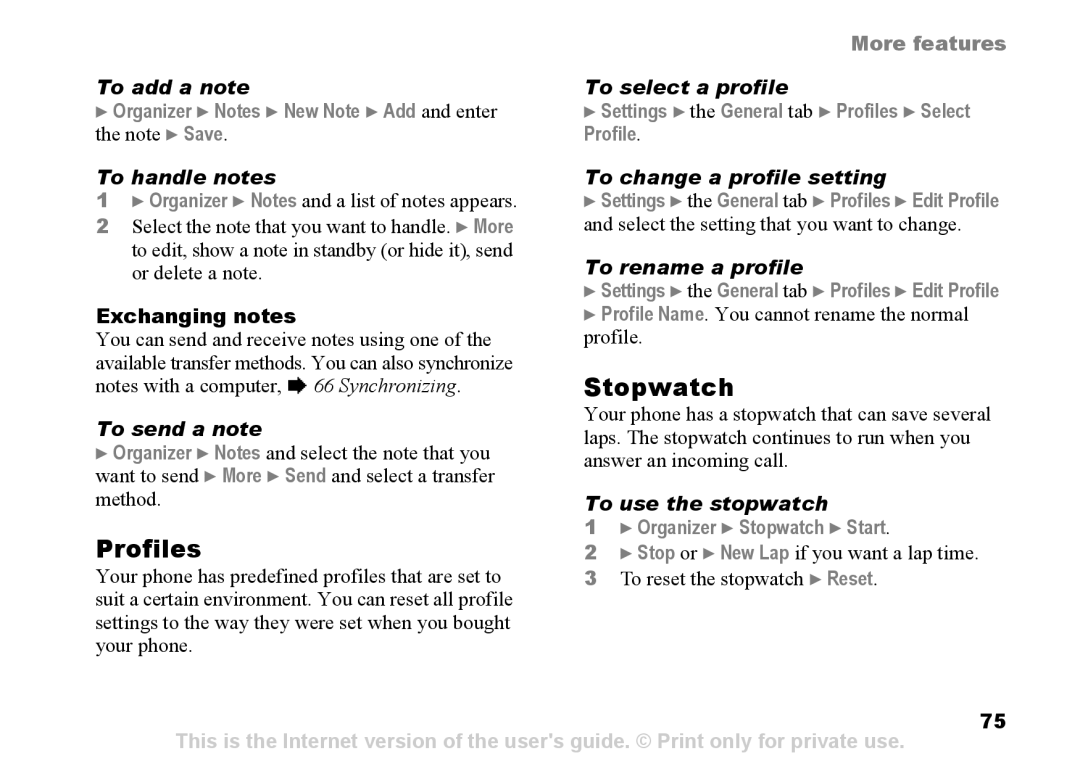 Sony Ericsson Z525a manual Stopwatch, Profiles 