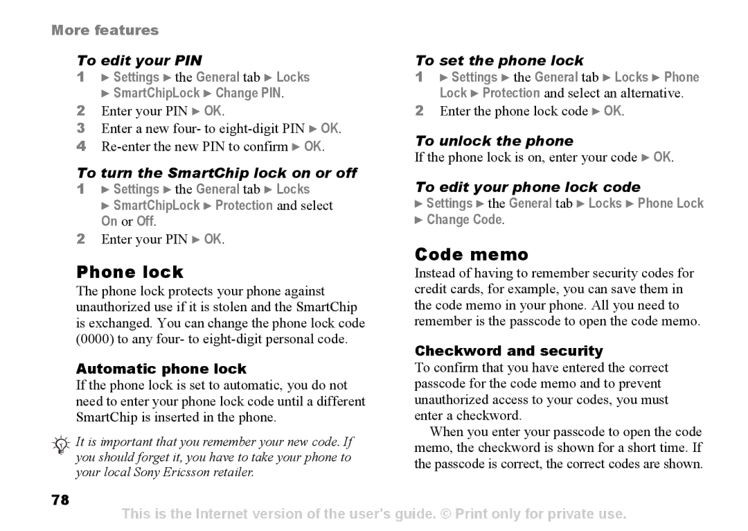 Sony Ericsson Z525a manual Code memo, Phone lock 