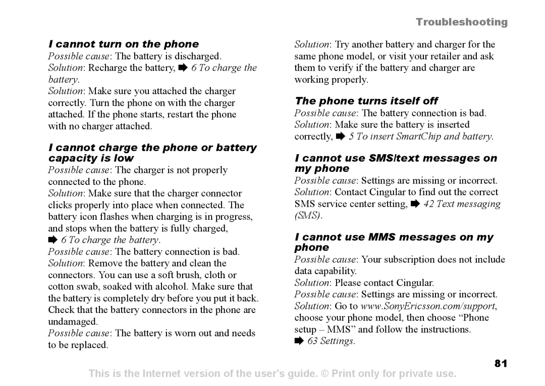 Sony Ericsson Z525a Cannot turn on the phone, Phone turns itself off, Cannot charge the phone or battery, Capacity is low 