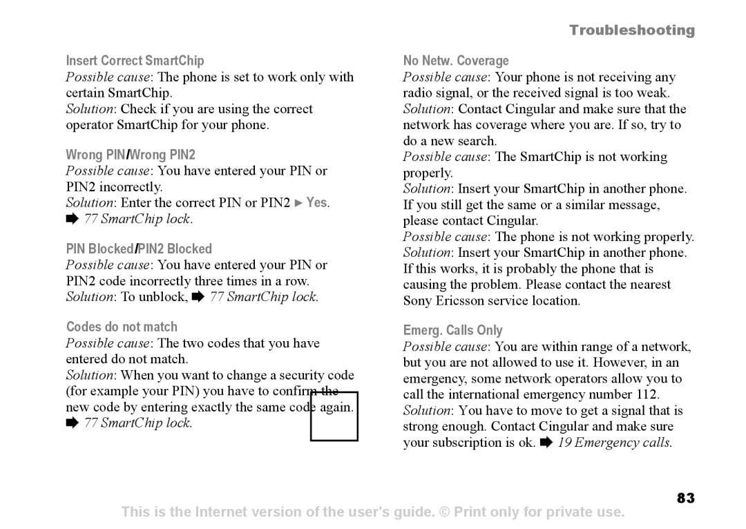Sony Ericsson Z525a manual Insert Correct SmartChip No Netw. Coverage, Wrong PIN/Wrong PIN2, PIN Blocked/PIN2 Blocked 