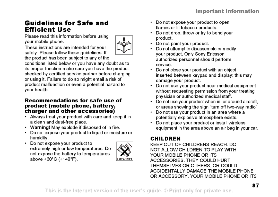 Sony Ericsson Z525a manual Guidelines for Safe and Efficient Use, Children 