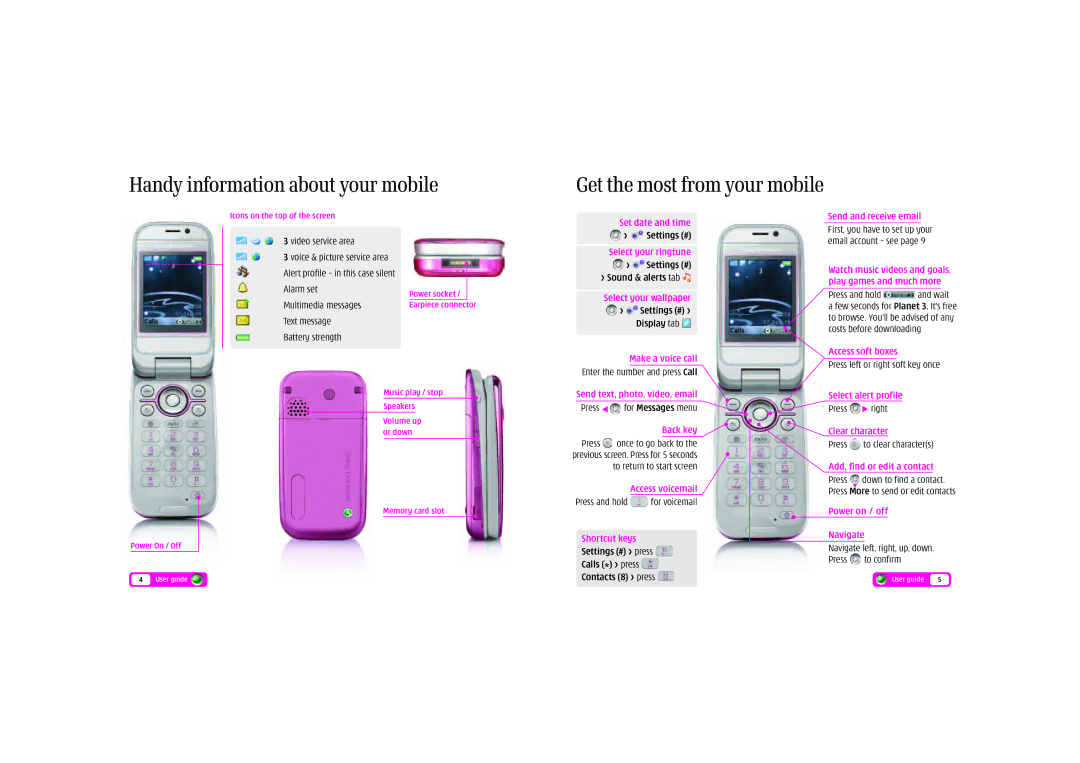 Sony Ericsson Z610i Set date and time, Send and receive email, Access soft boxes, Send text, photo, video, email, Back key 