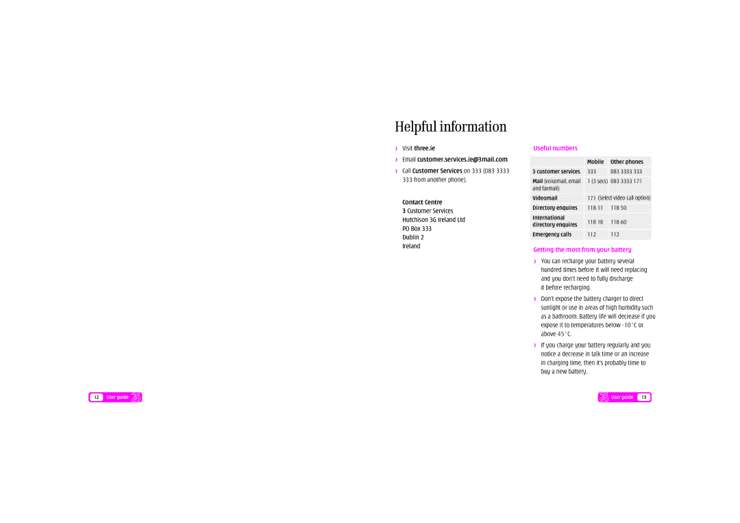 Sony Ericsson Z610i manual Helpful information, Visit three.ie, Contact Centre, Useful numbers 