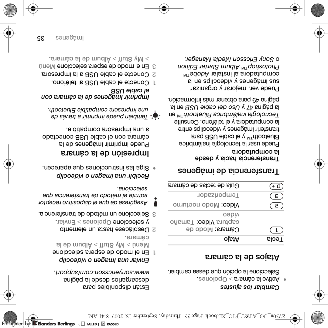 Sony Ericsson Z750a manual Cámara la de Impresión, Cámara la de Atajos, USB cable el con cámara la de imágenes Imprimir 