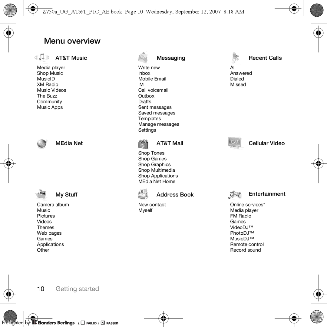 Sony Ericsson Z750a manual Menu overview, AT&T Music Messaging Recent Calls 