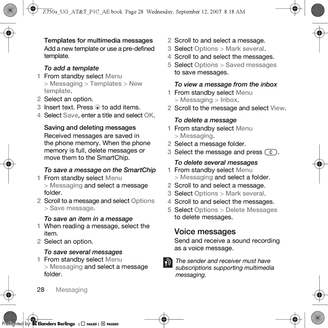 Sony Ericsson Z750a manual Voice messages, Messaging Templates New template, Select Options Mark several 
