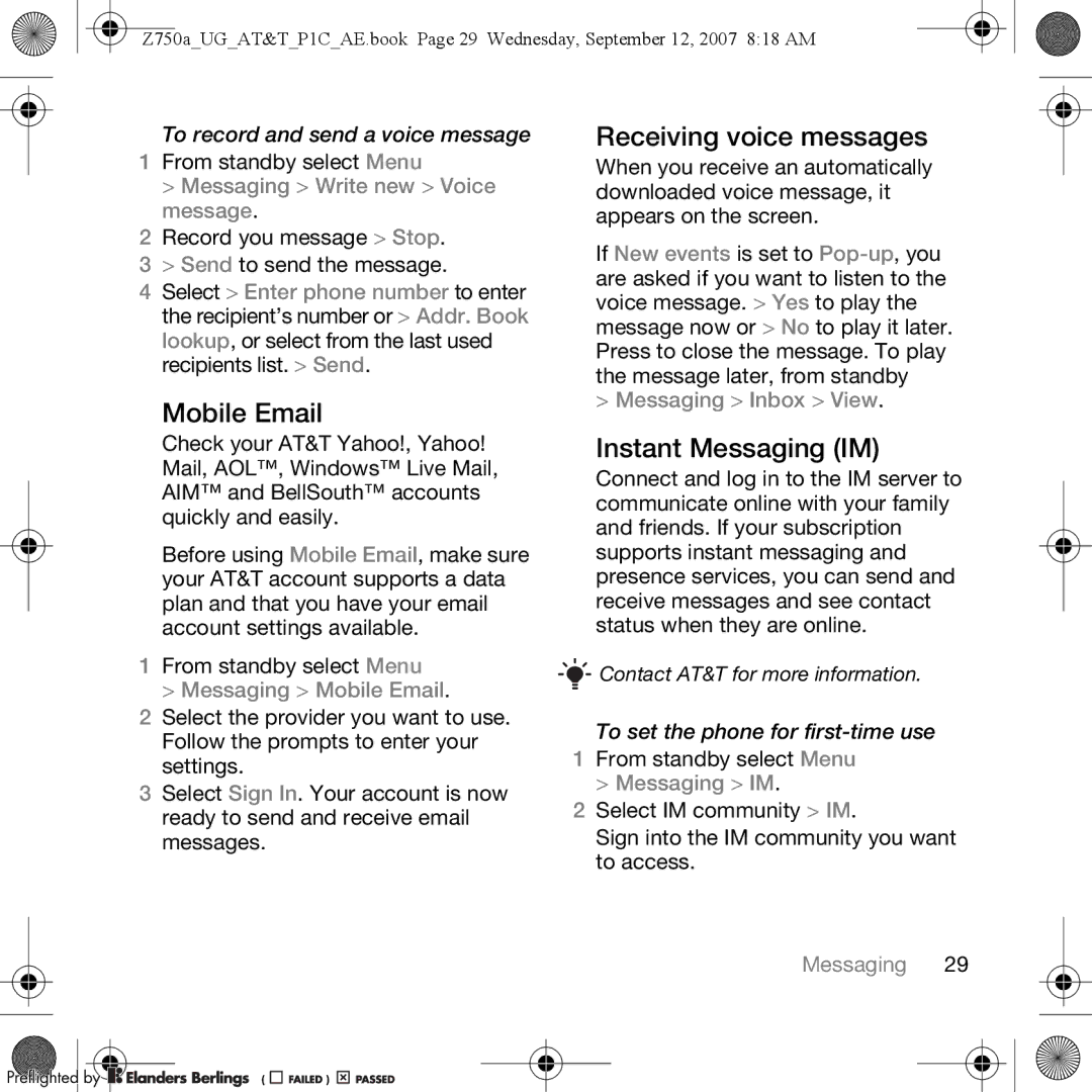 Sony Ericsson Z750a manual Mobile Email, Receiving voice messages, Instant Messaging IM 