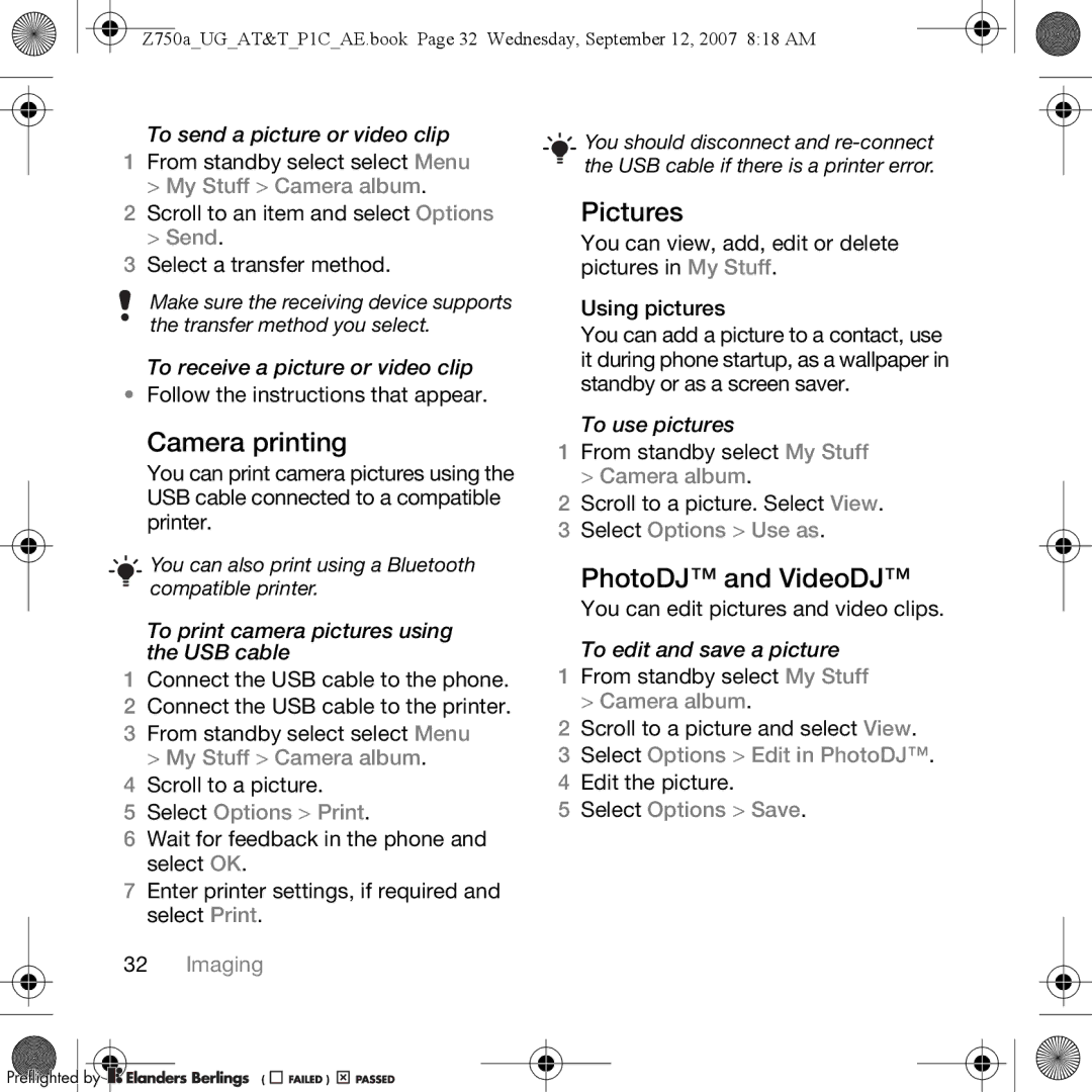 Sony Ericsson Z750a manual Camera printing, Pictures, PhotoDJ and VideoDJ 