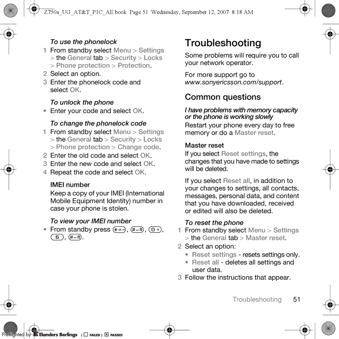 Sony Ericsson Z750a manual Troubleshooting, Common questions, General tab Security Locks Phone protection Protection 