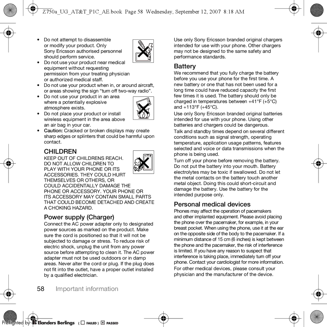 Sony Ericsson Z750a manual Power supply Charger, Battery, Personal medical devices 