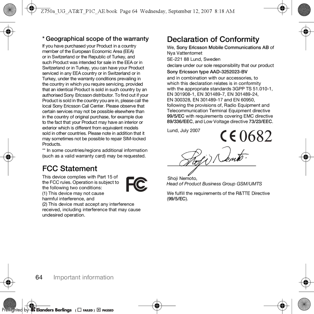 Sony Ericsson Z750a manual FCC Statement, Declaration of Conformity, Geographical scope of the warranty 