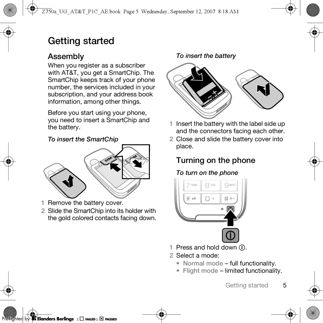 Sony Ericsson Z750a manual Getting started, Assembly, Turning on the phone 