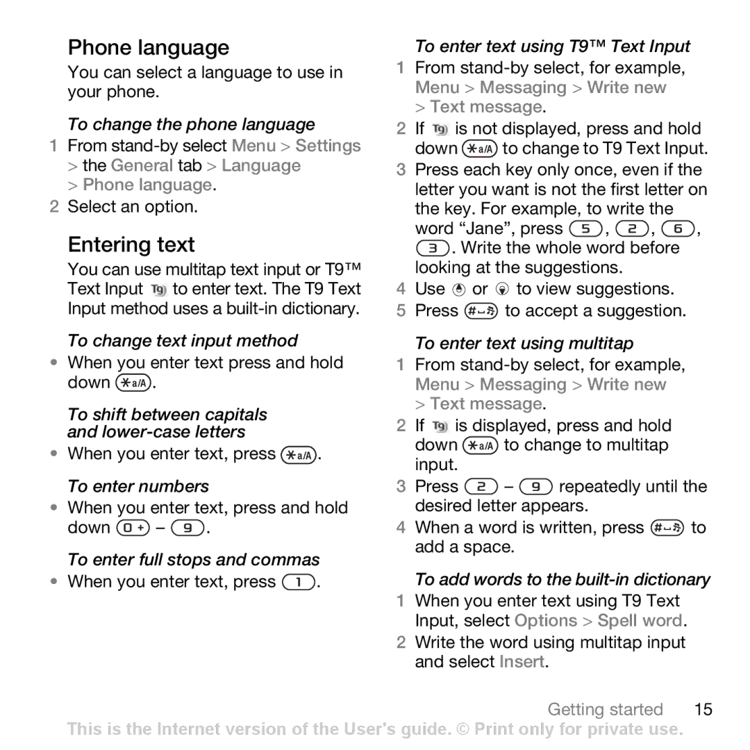 Sony Ericsson Z750i manual Entering text, General tab Language Phone language 