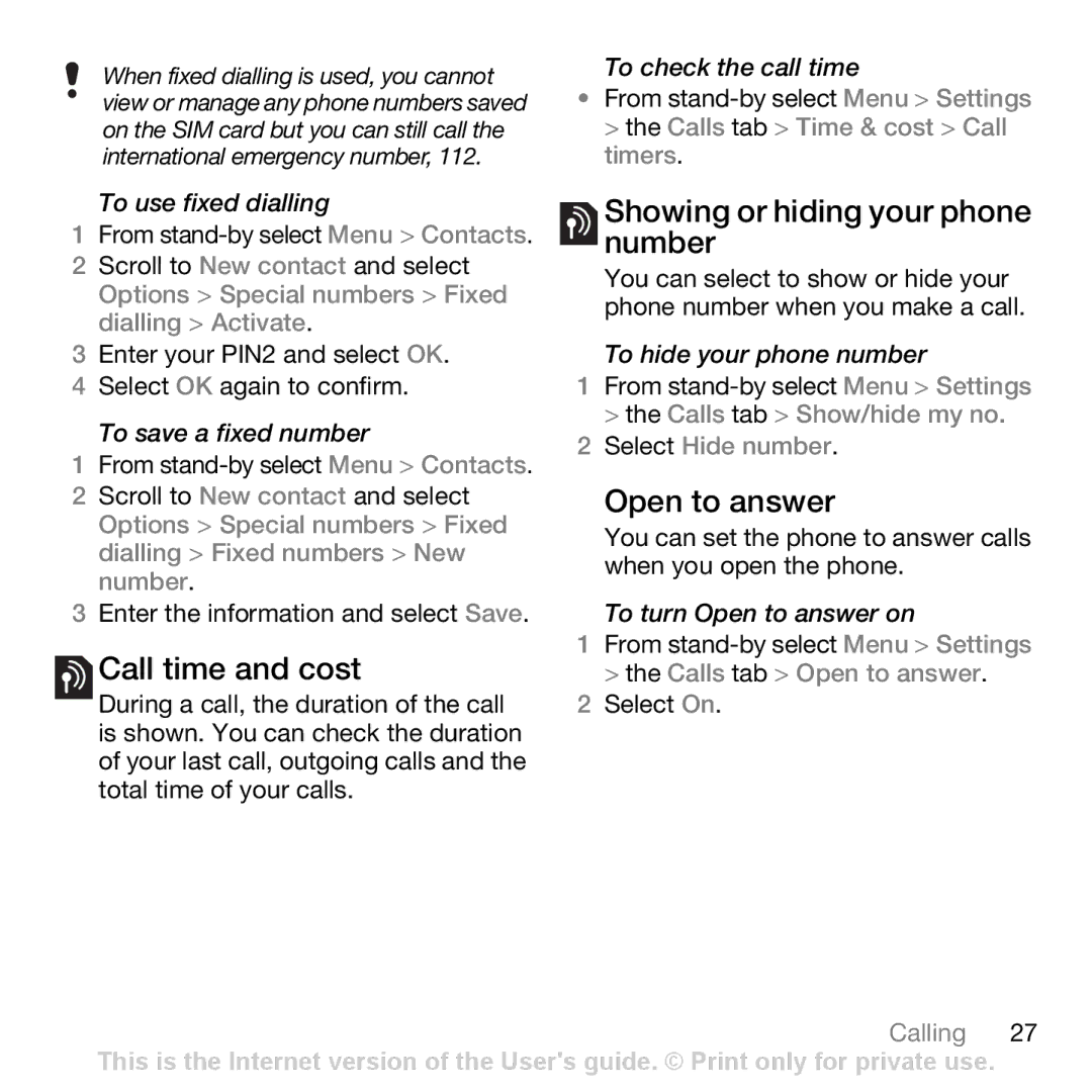 Sony Ericsson Z750i manual Call time and cost, Showing or hiding your phone number, Open to answer, Select Hide number 