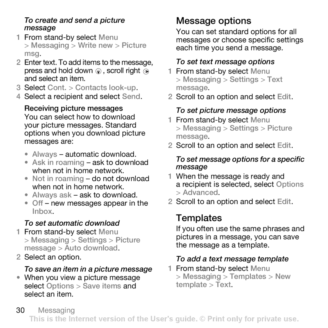 Sony Ericsson Z750i manual Message options, Templates 