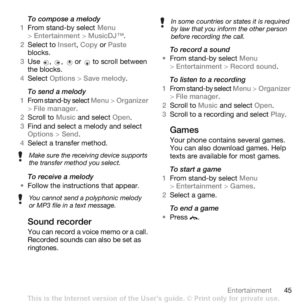 Sony Ericsson Z750i manual Sound recorder, Games, Select Options Save melody, Entertainment Record sound 