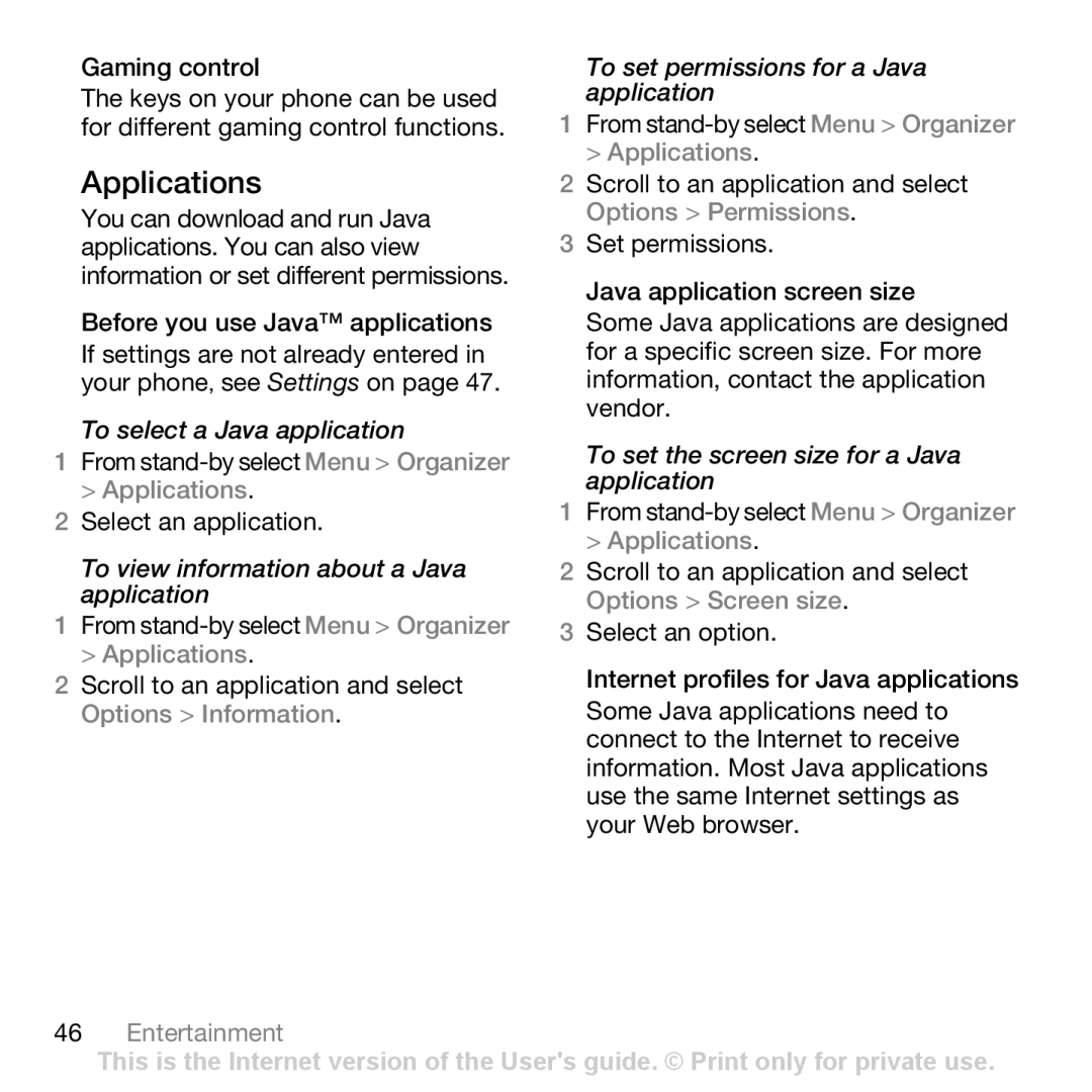 Sony Ericsson Z750i manual Applications, Gaming control 