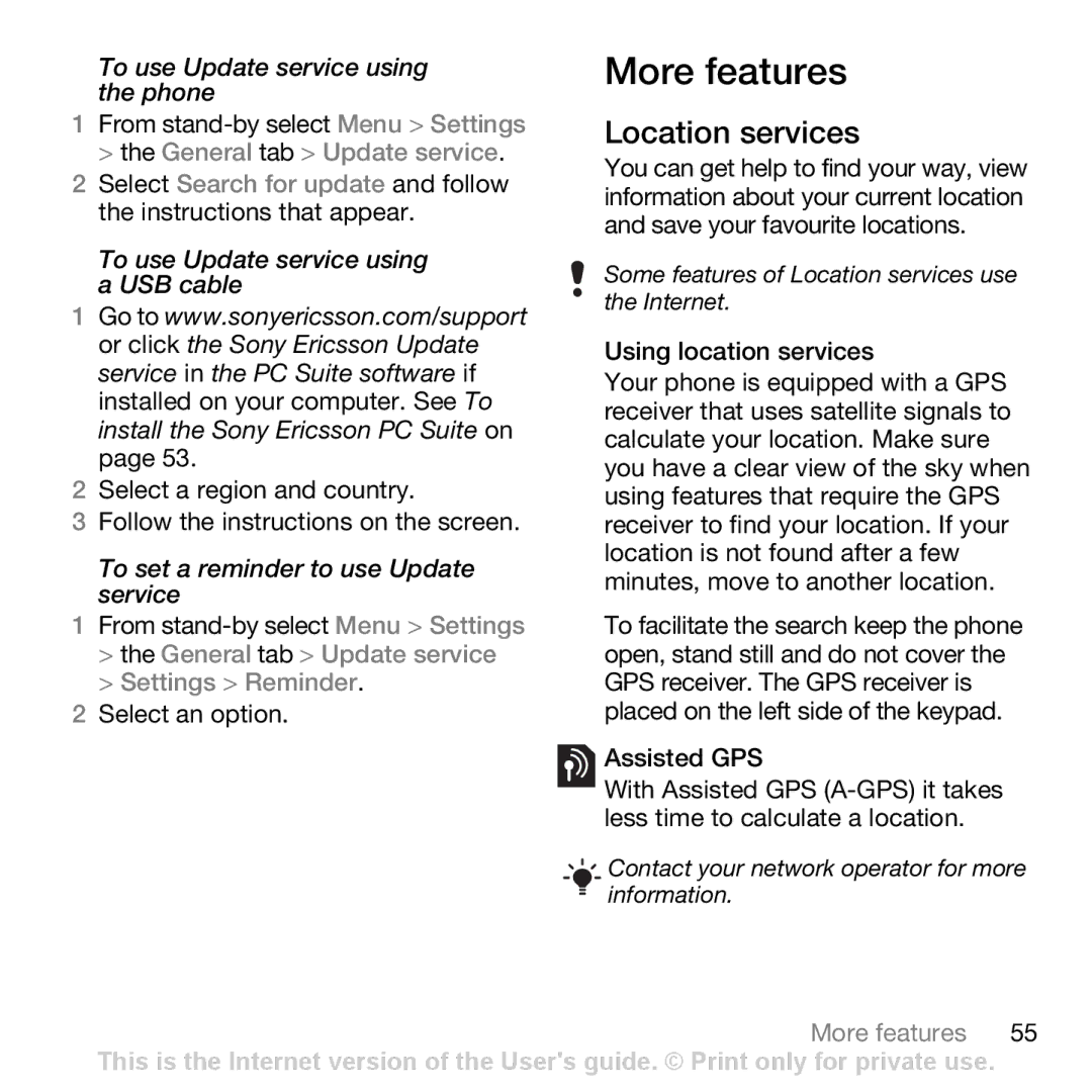 Sony Ericsson Z750i manual More features, Location services, To use Update service using the phone 