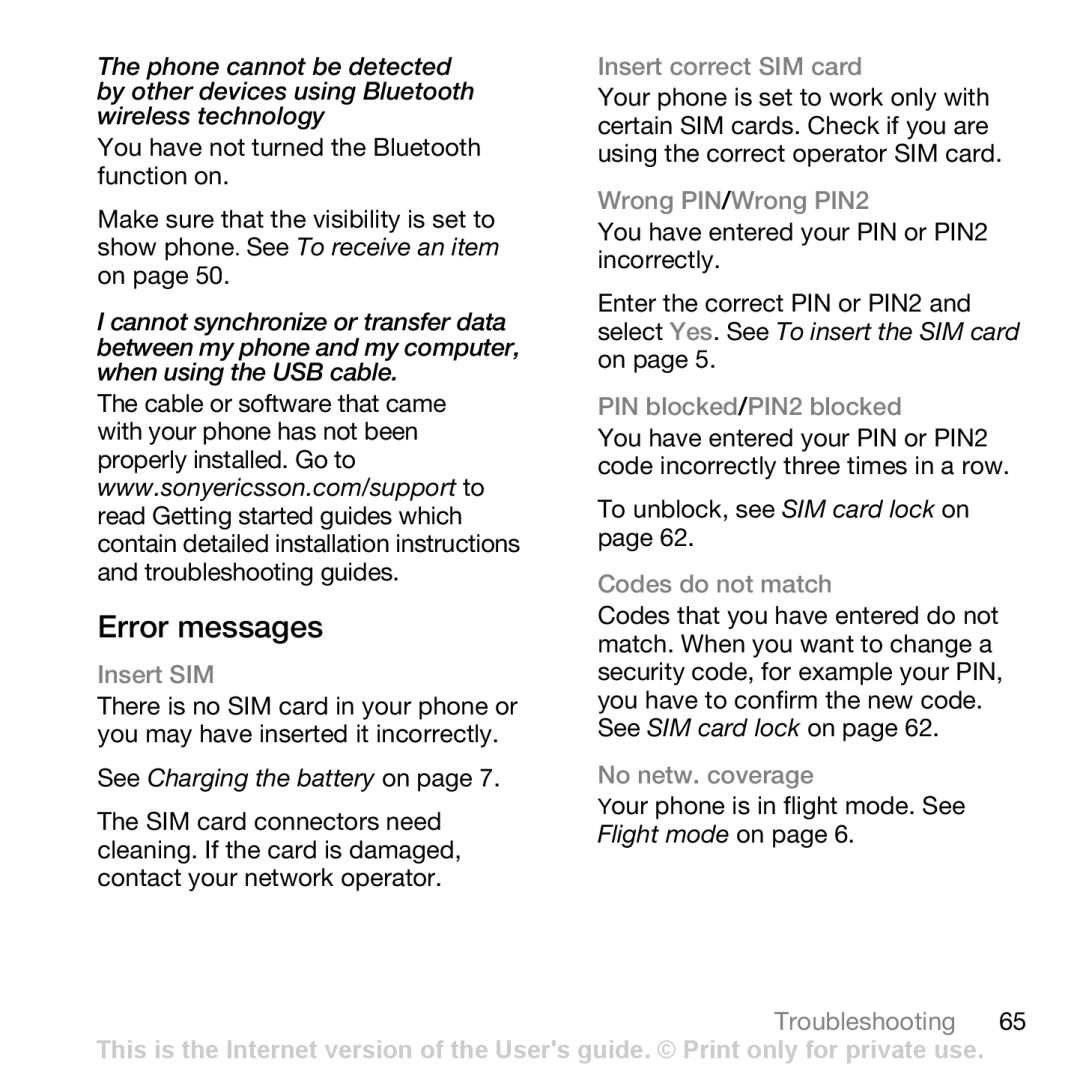 Sony Ericsson Z750i manual Error messages 