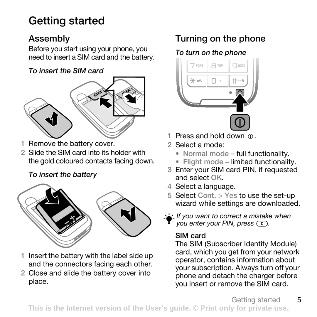 Sony Ericsson Z750i manual Getting started, Assembly, Turning on the phone 