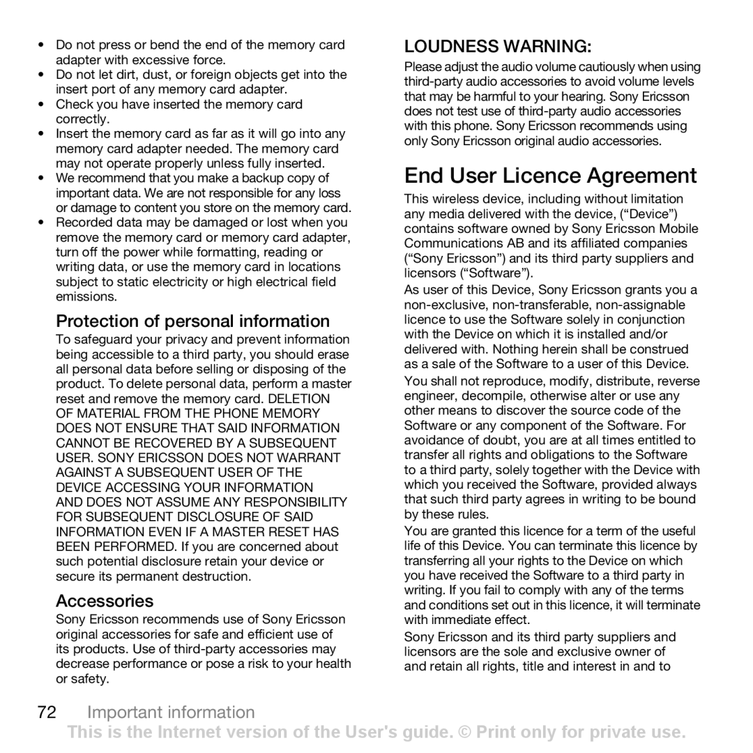 Sony Ericsson Z750i manual End User Licence Agreement, Protection of personal information, Accessories 