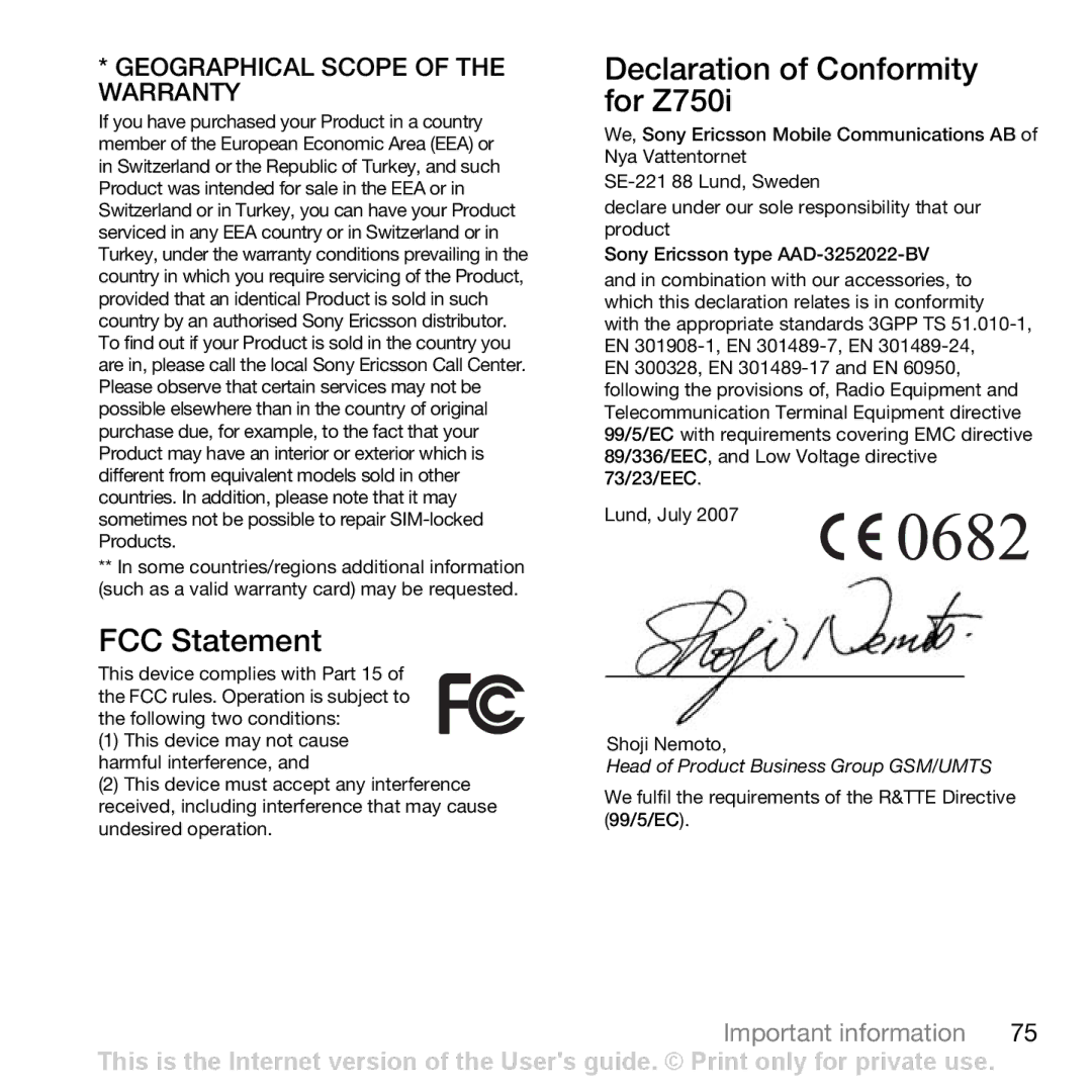 Sony Ericsson manual FCC Statement, Declaration of Conformity for Z750i 