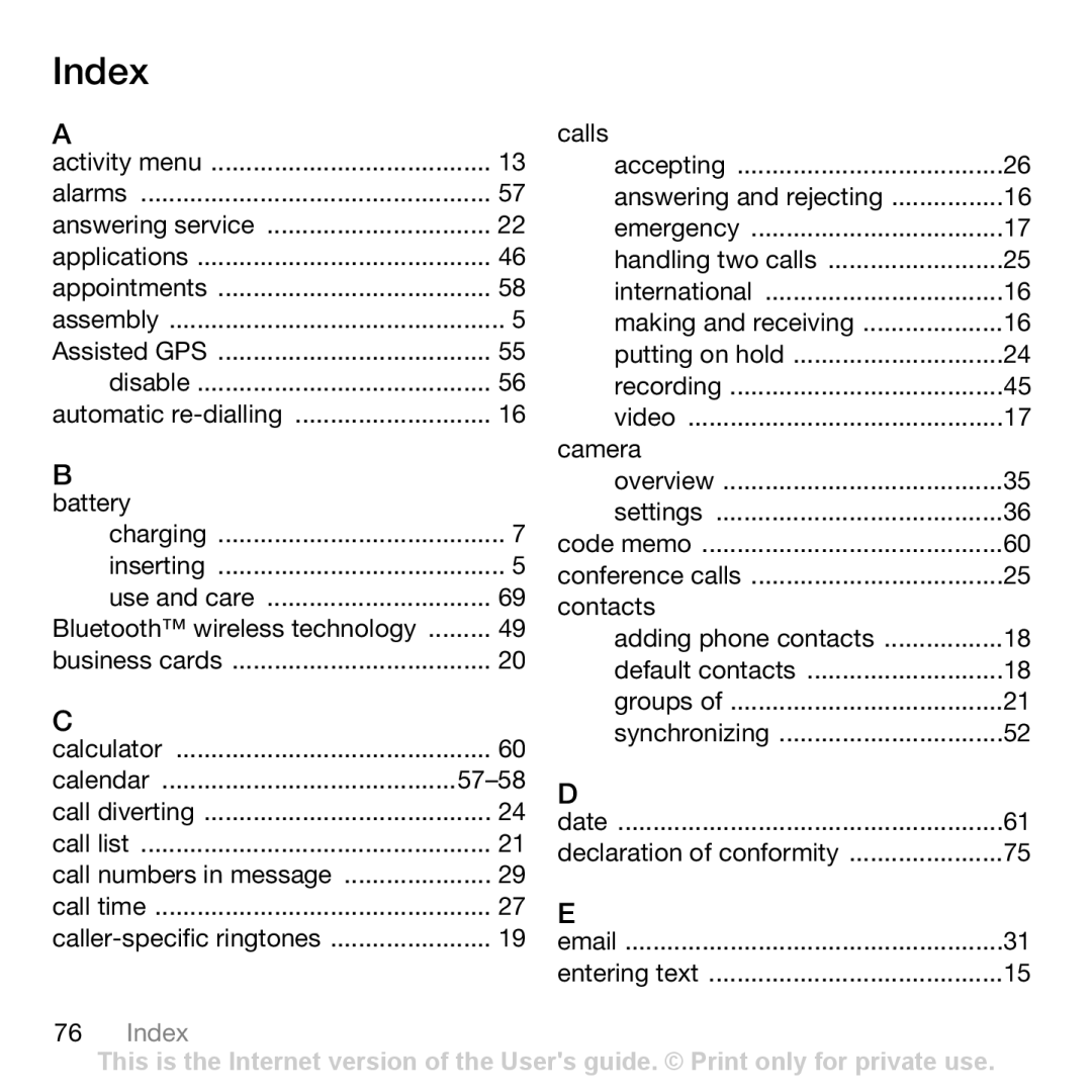 Sony Ericsson Z750i manual Index 