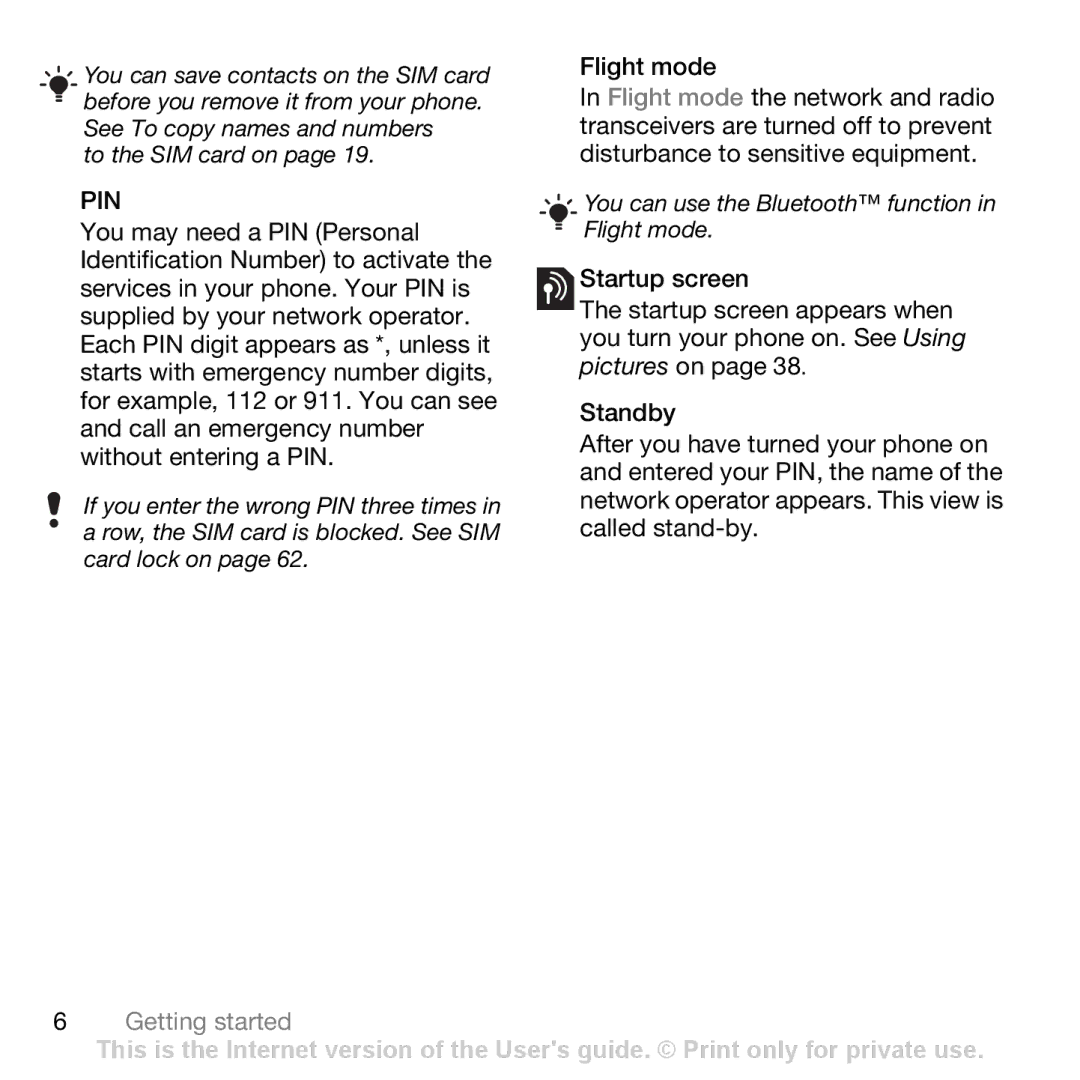 Sony Ericsson Z750i manual Pin, Flight mode 