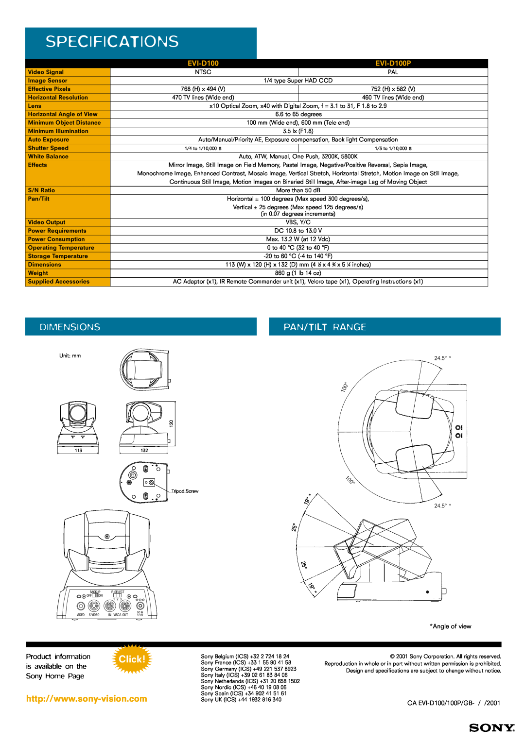 Sony manual Specifications, Dimensions, Pan/Tilt Range, Click, EVI-D100P 