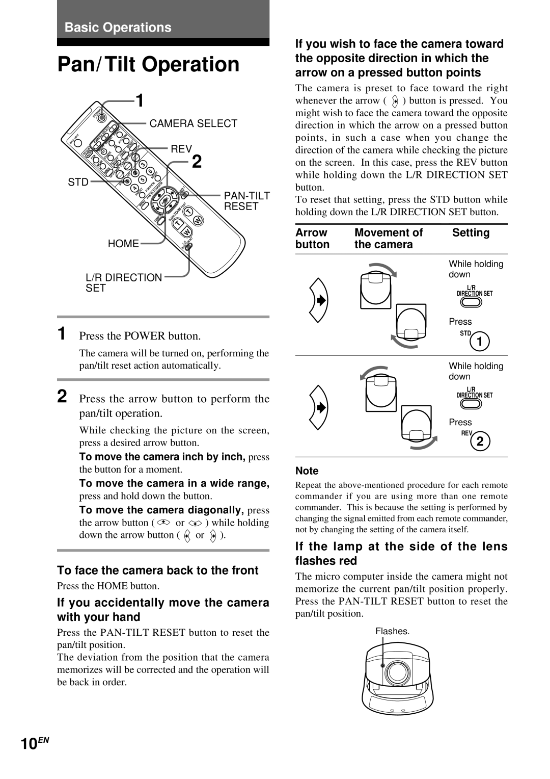 Sony EVI-D30 operating instructions Pan/ Tilt Operation, 10EN, To face the camera back to the front 