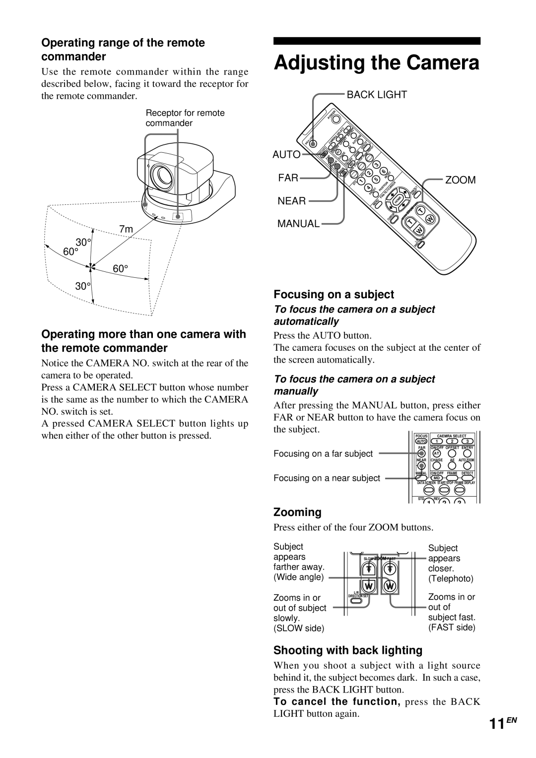 Sony EVI-D30 operating instructions Adjusting the Camera, 11EN 