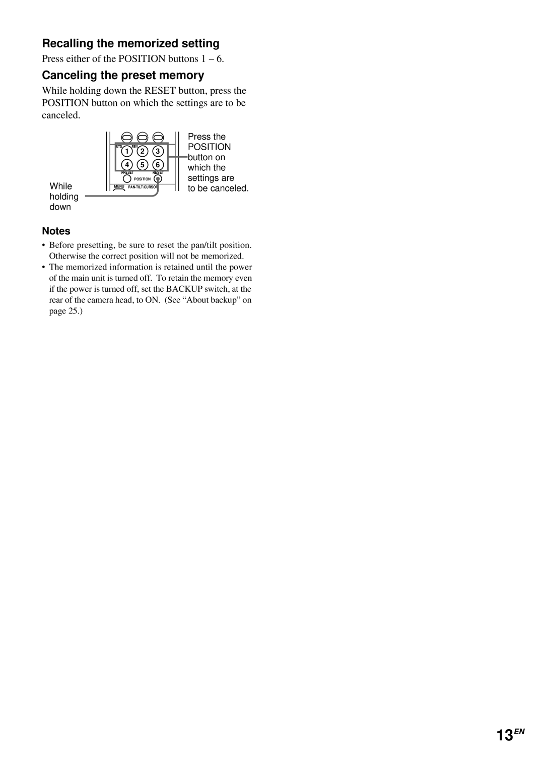 Sony EVI-D30 operating instructions 13EN, Recalling the memorized setting, Canceling the preset memory 