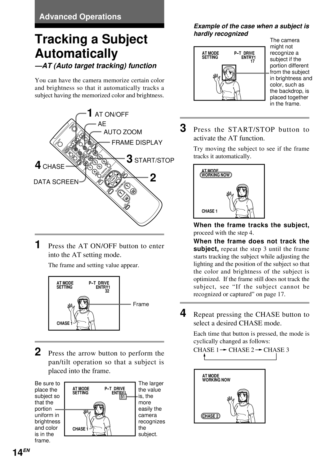 Sony EVI-D30 operating instructions Tracking a Subject Automatically, 14EN 