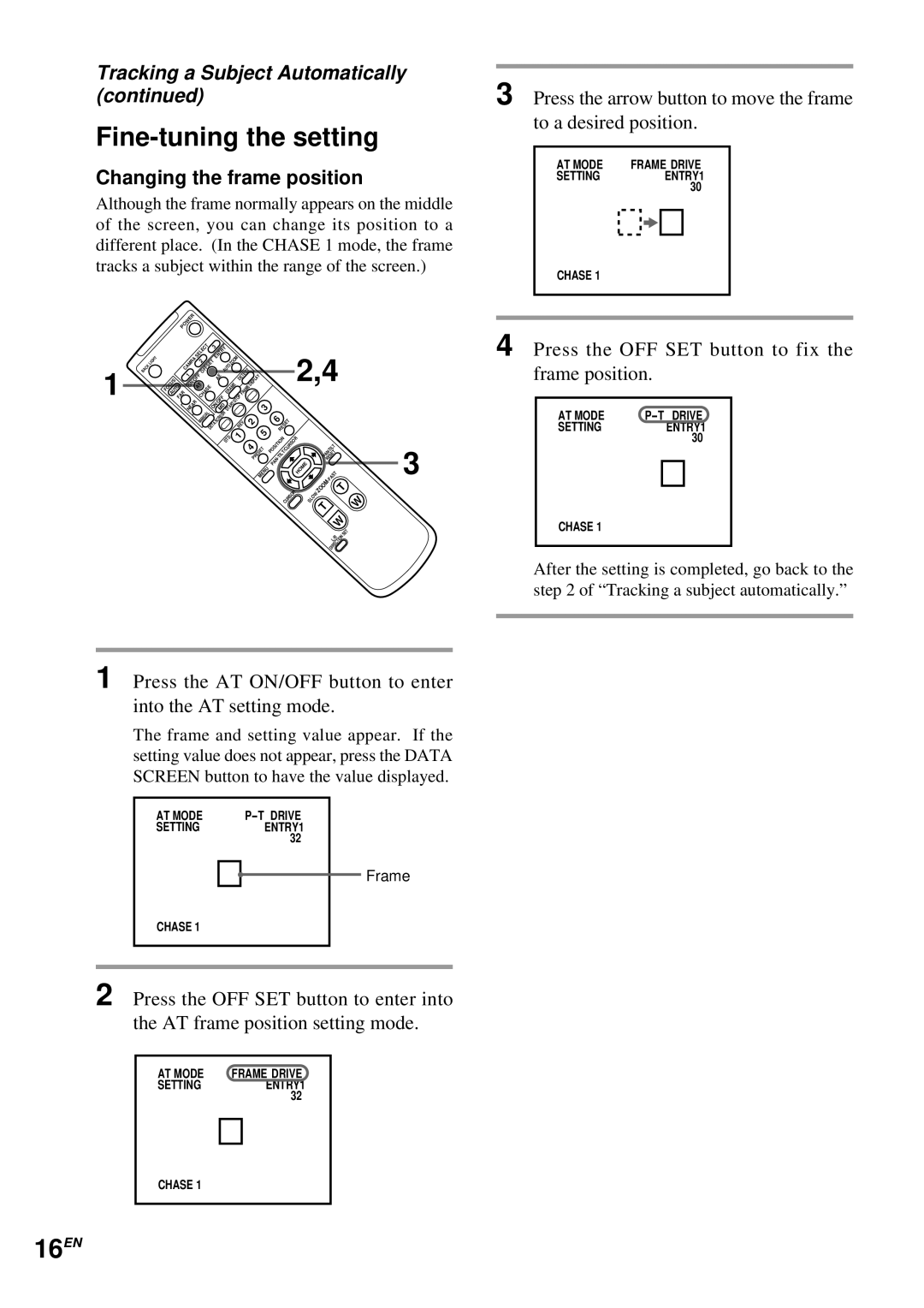 Sony EVI-D30 operating instructions Fine-tuning the setting, 16EN, Changing the frame position 