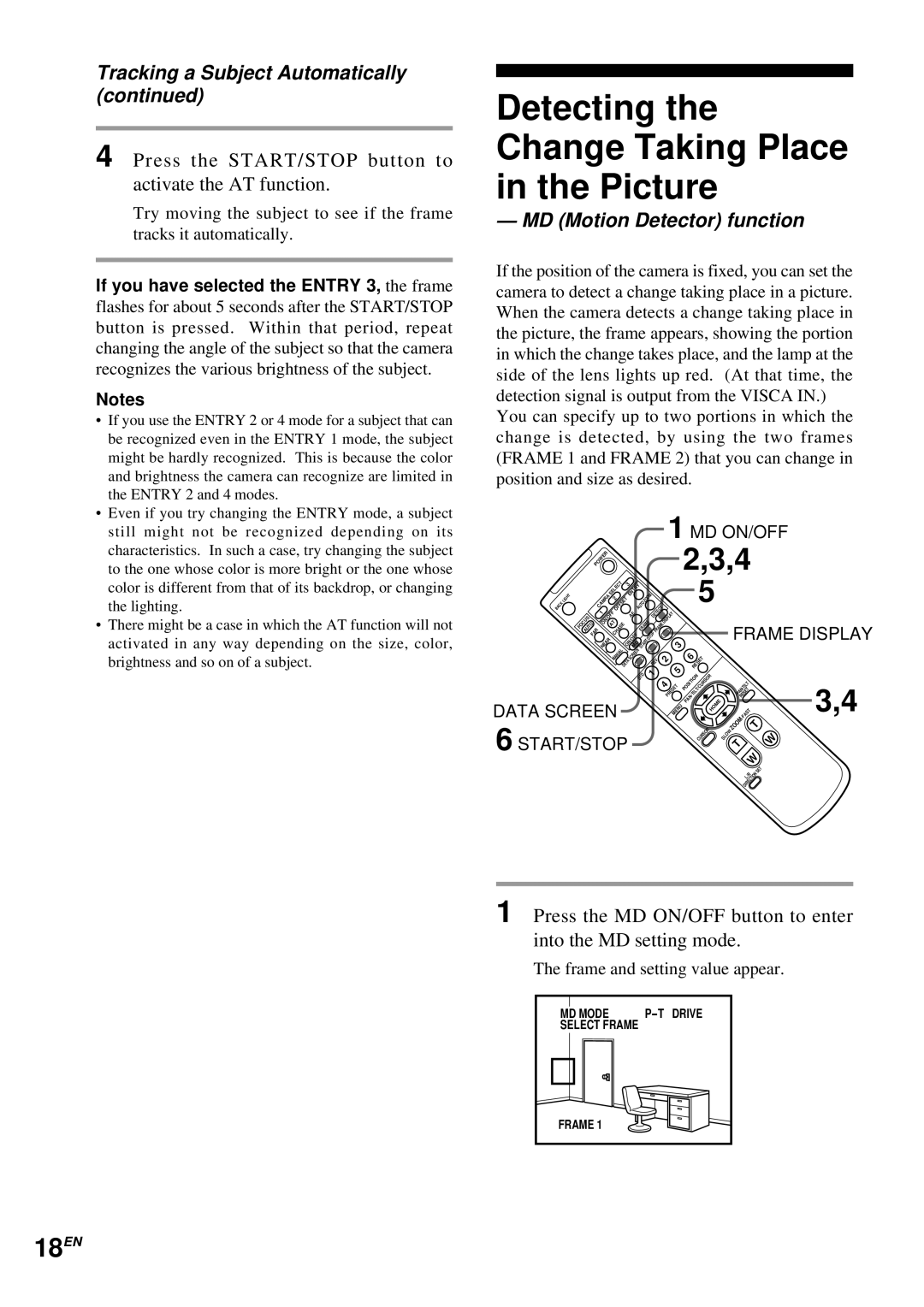 Sony EVI-D30 Detecting Change Taking Place Picture, 18EN, Press the START/STOP button to activate the AT function 