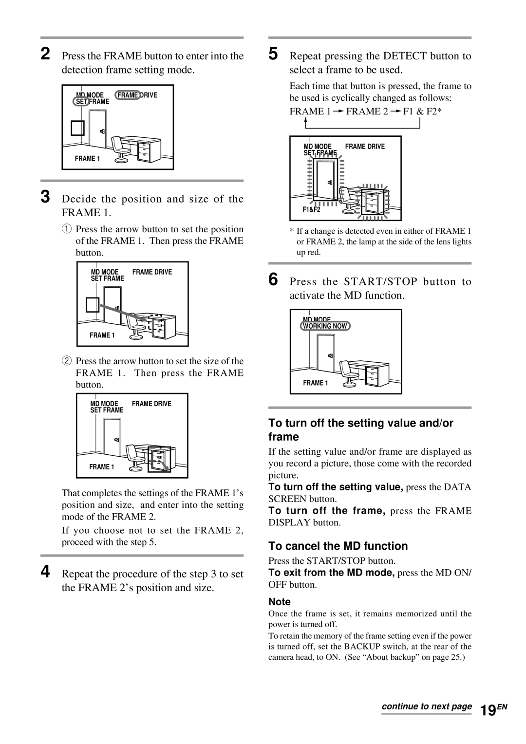 Sony EVI-D30 Decide the position and size of the Frame, Press the START/STOP button to activate the MD function 