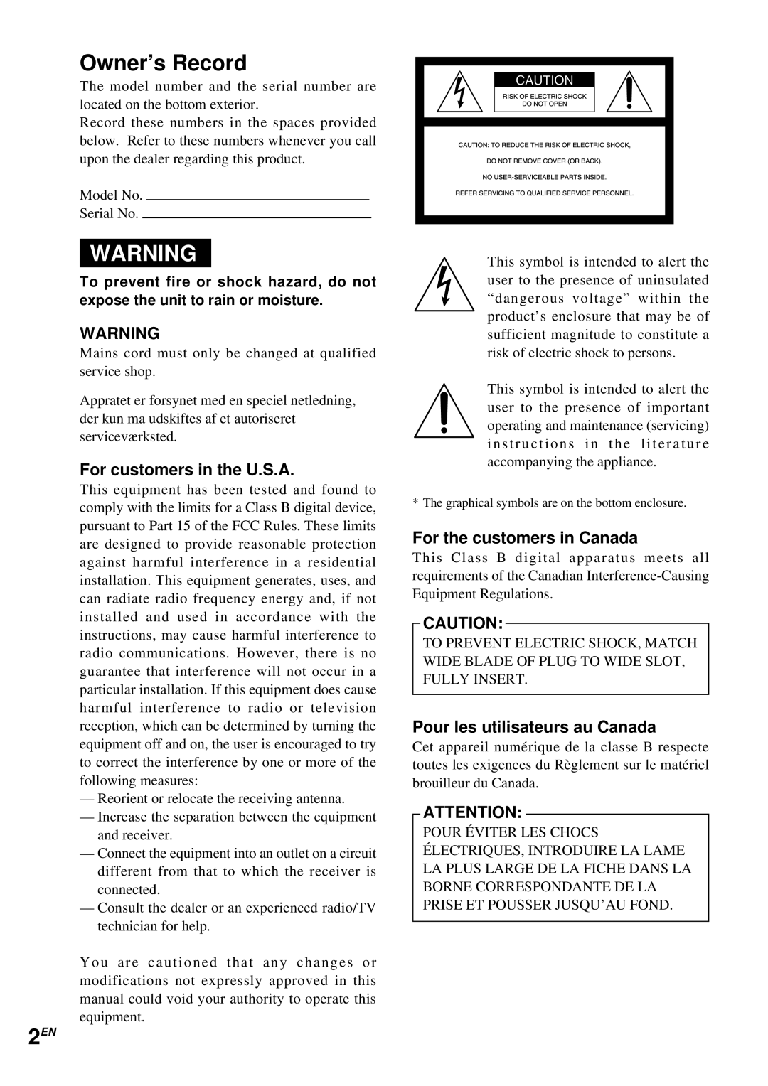 Sony EVI-D30 Owner’s Record, For customers in the U.S.A, For the customers in Canada, Pour les utilisateurs au Canada 