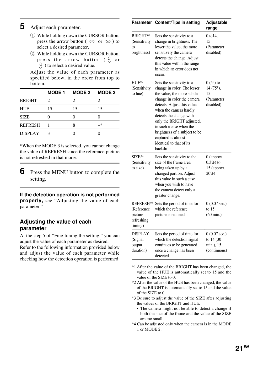 Sony EVI-D30 operating instructions 21EN, Adjust each parameter, Press the Menu button to complete the setting 