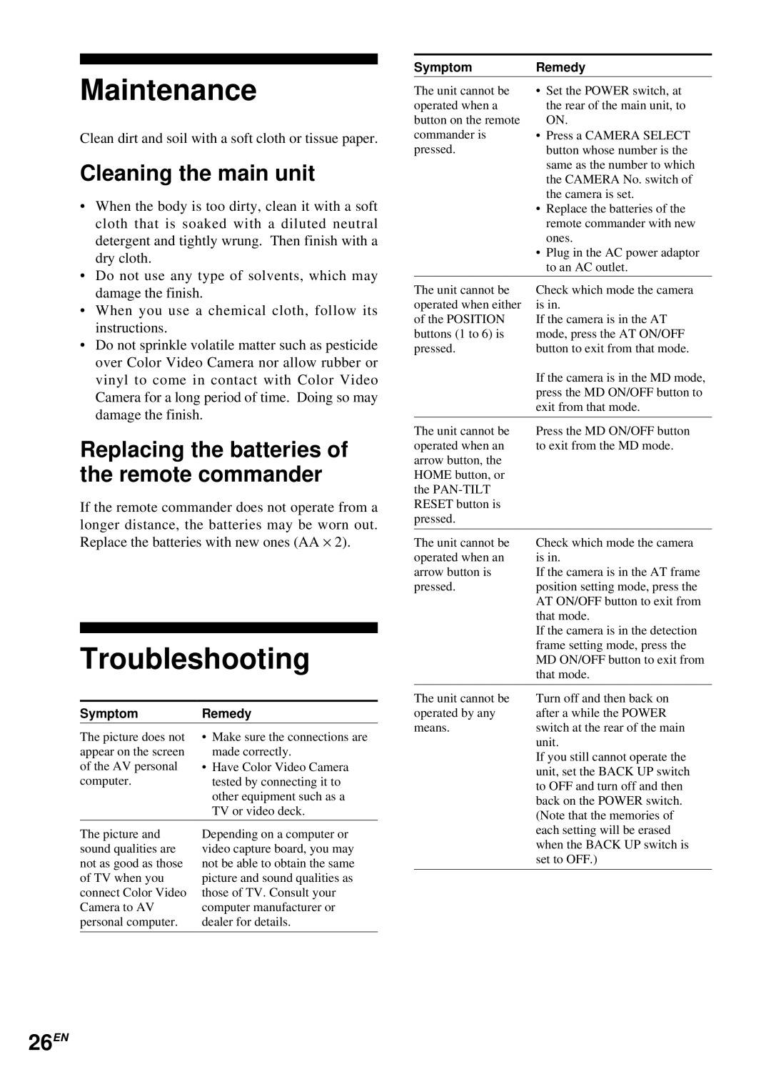 Sony EVI-D30 Maintenance, Troubleshooting, Cleaning the main unit, Replacing the batteries of the remote commander, 26EN 