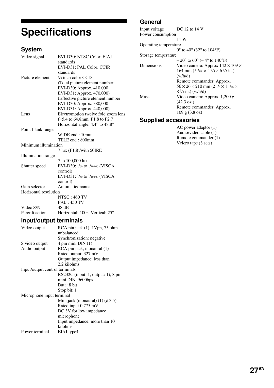 Sony EVI-D30 operating instructions Specifications, 27EN 