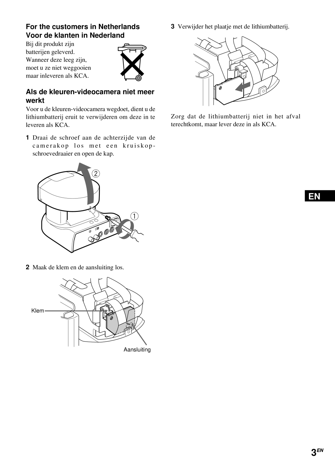 Sony EVI-D30 operating instructions Als de kleuren-videocamera niet meer werkt 