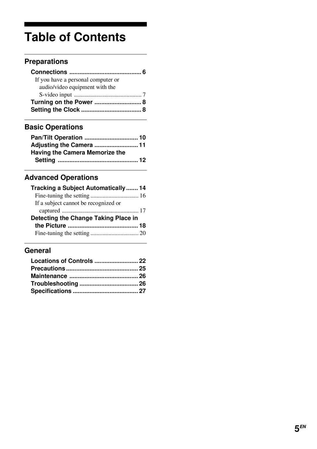 Sony EVI-D30 operating instructions Table of Contents 