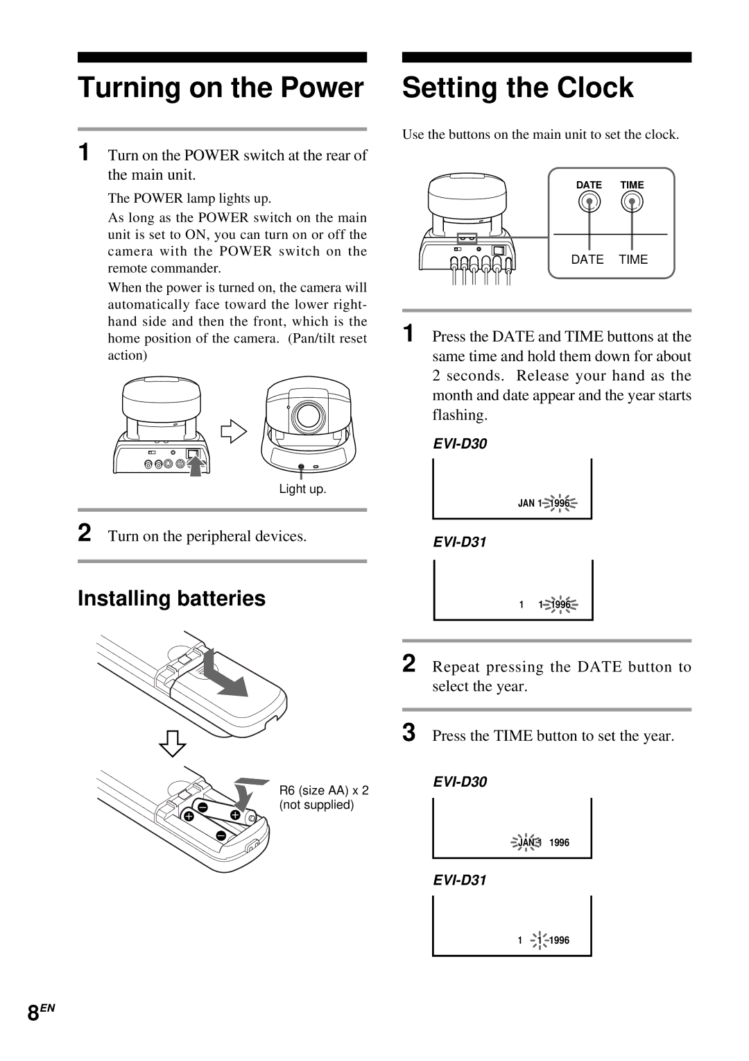 Sony EVI-D30 Turning on the Power, Setting the Clock, Installing batteries, Turn on the peripheral devices 