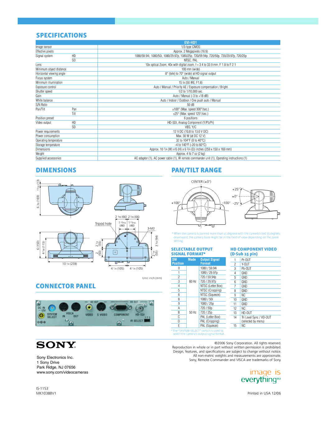 Sony EVI-HD1 manual Specifications, Dimensions PAN/TILT Range, Connector Panel 