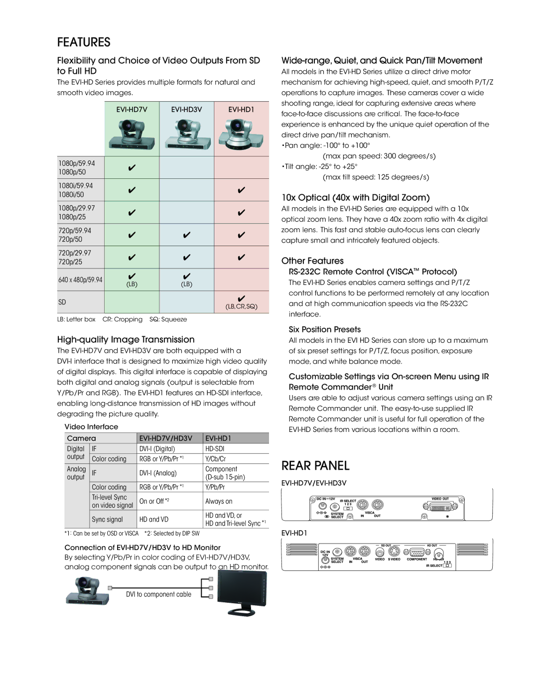 Sony EVI-HD7V, EVI-HD3V manual Features, Rear Panel, RS-232C Remote Control Visca Protocol, Six Position Presets 