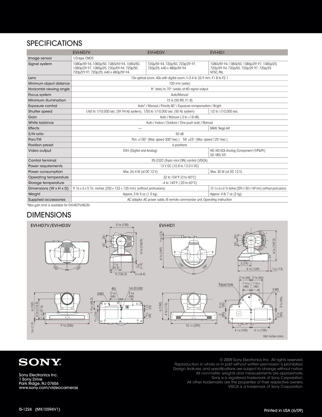 Sony EVI-HD3V, EVI-HD7V manual Specifications, Dimensions 