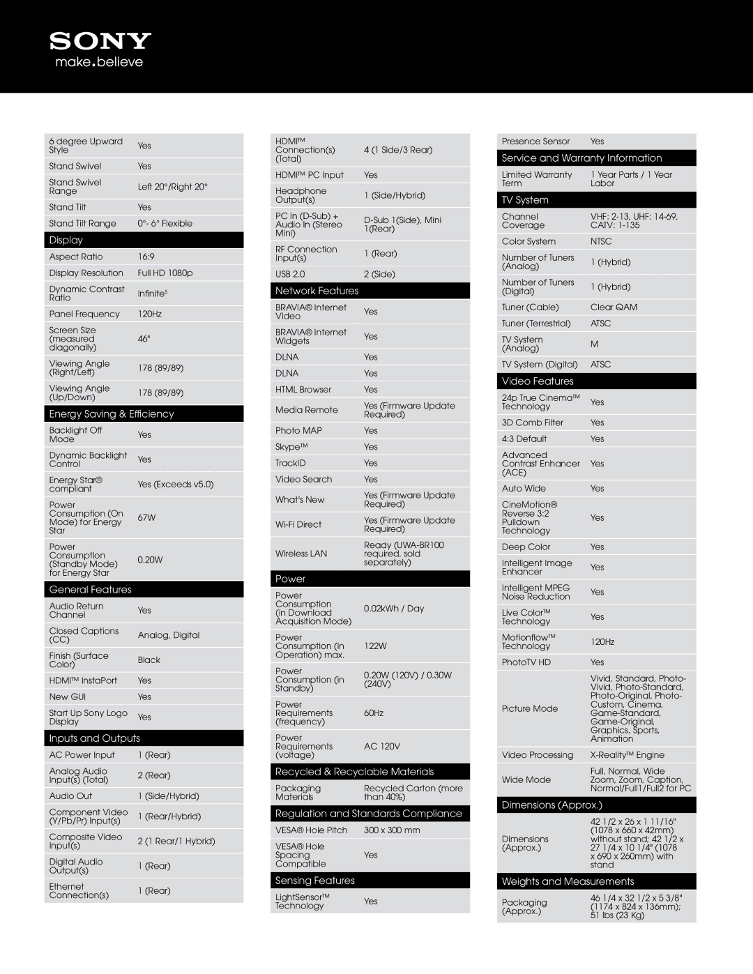 Sony EX620 Display, Energy Saving & Efficiency, General Features, Inputs and Outputs, Network Features, Power, TV System 