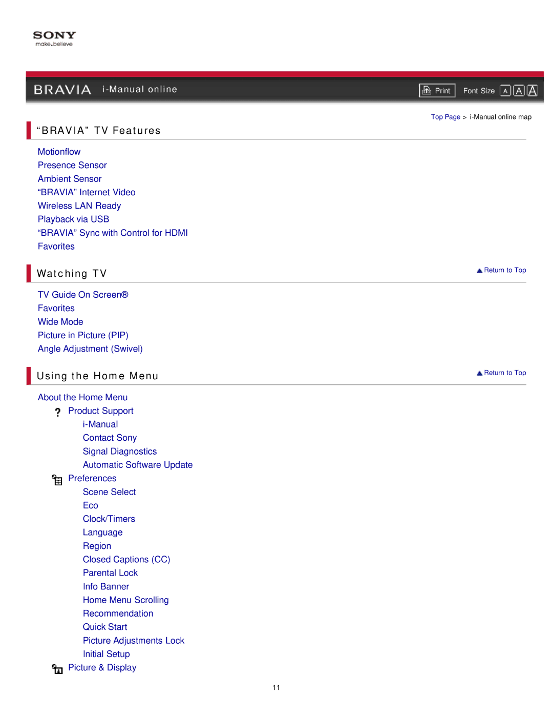 Sony EX71x manual Bravia TV Features, Using the Home Menu 