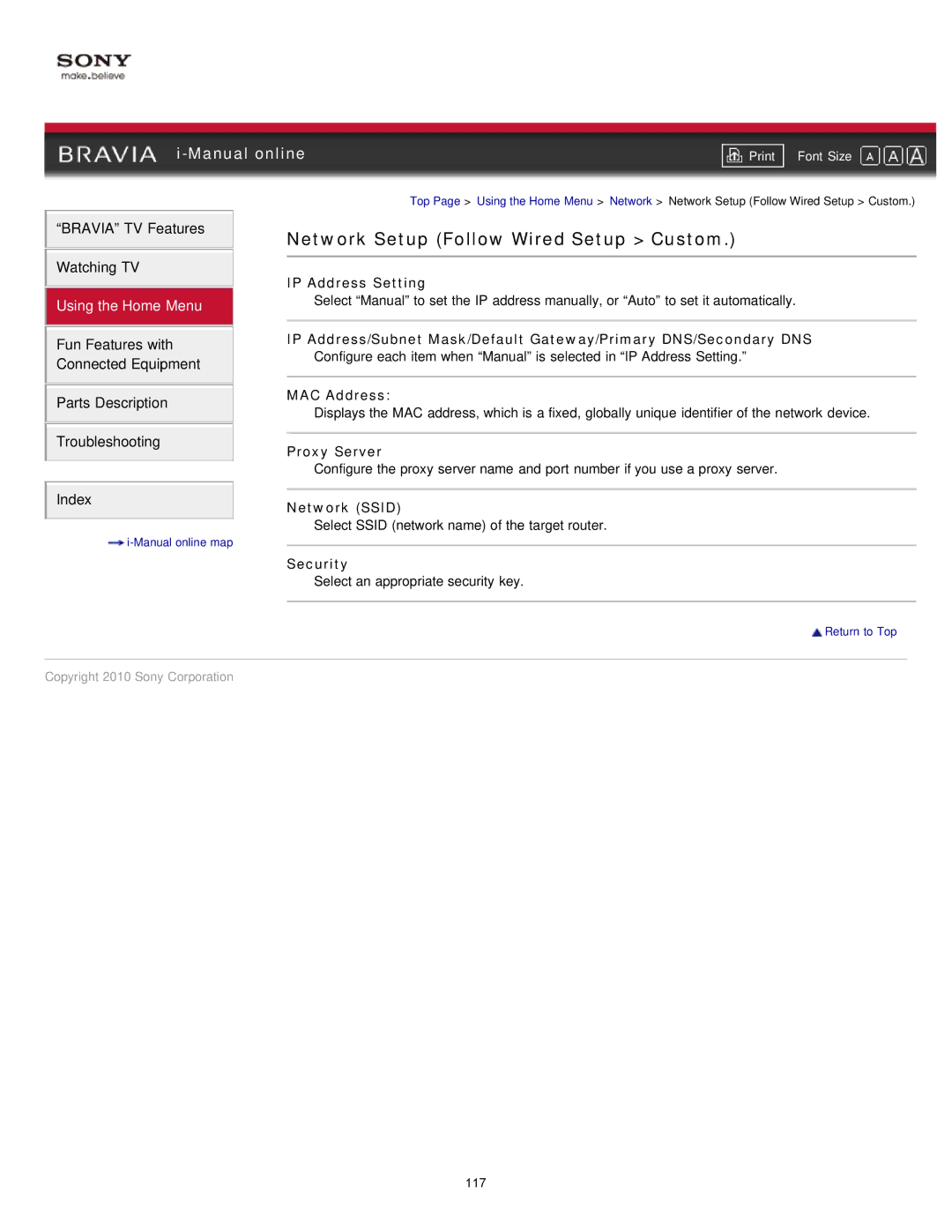 Sony EX71x manual Network Setup Follow Wired Setup Custom 